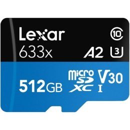 Lexar High-Performance 633x UHS-I MicroSDXC, 512 GB, Flash memory class 10, Black/Blue, Class: A2 V30 U3, 70 MB/s, 100 MB/s