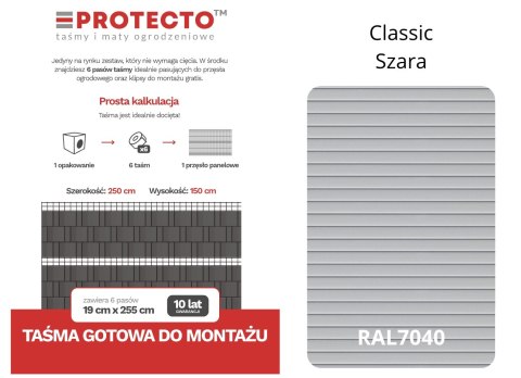 TAŚMA OGRODZENIOWA PASKI 6x2,55MB CLASSIC 19CM PROTECTO SZARA + 12 KLIPSÓW TAŚMA OGRODZENIOWA PASKI 6x2,55MB CLASSIC 19CM PROTECTO SZARA + 12 KLIPSÓW