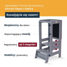 MeowBaby® Kitchen Helper z Tablicą, Drewniany Pomocnik Kuchenny dla Dziecka, Szary