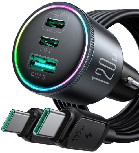 Ładowarka samochodowa Joyroom JR-CCN07 120W 5.0A PD 3.0 QC 3.0 1x USB-A 2x USB-C + kabel Ładowarka samochodowa Joyroom JR-CCN07 120W 5.0A PD 3.0 QC 3.0 1x USB-A 2x USB-C + kabel