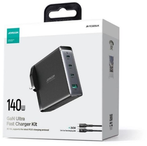Ładowarka sieciowa Joyroom GaN Ultra JR-TCG05EU 140W PD 3.0 QC 3.0 3x USB-C 1x USB-A czarna + kabel Ładowarka sieciowa Joyroom GaN Ultra JR-TCG05EU 140W PD 3.0 QC 3.0 3x USB-C 1x USB-A czarna + kabel