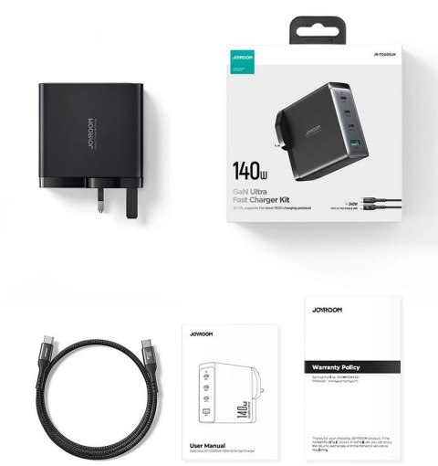 Ładowarka sieciowa Joyroom GaN Ultra JR-TCG05EU 140W PD 3.0 QC 3.0 3x USB-C 1x USB-A czarna + kabel Ładowarka sieciowa Joyroom GaN Ultra JR-TCG05EU 140W PD 3.0 QC 3.0 3x USB-C 1x USB-A czarna + kabel
