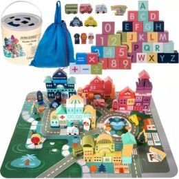 ZESTAW DREWNIANYCH KLOCKÓW MIASTECZKO Z MATĄ PUZZLE W WIADERKU + TORBA