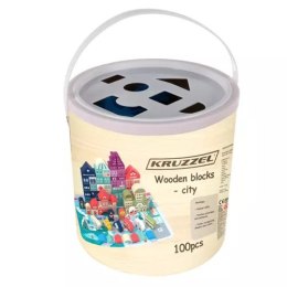 ZESTAW DREWNIANYCH KLOCKÓW MIASTECZKO Z MATĄ PUZZLE W WIADERKU + TORBA