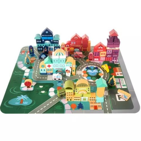 ZESTAW DREWNIANYCH KLOCKÓW MIASTECZKO Z MATĄ PUZZLE W WIADERKU + TORBA ZESTAW DREWNIANYCH KLOCKÓW MIASTECZKO Z MATĄ PUZZLE W WIADERKU + TORBA