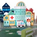 ZESTAW DREWNIANYCH KLOCKÓW MIASTECZKO Z MATĄ PUZZLE W WIADERKU + TORBA