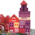 ZESTAW DREWNIANYCH KLOCKÓW MIASTECZKO Z MATĄ PUZZLE W WIADERKU + TORBA