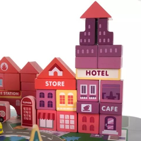 ZESTAW DREWNIANYCH KLOCKÓW MIASTECZKO Z MATĄ PUZZLE W WIADERKU + TORBA ZESTAW DREWNIANYCH KLOCKÓW MIASTECZKO Z MATĄ PUZZLE W WIADERKU + TORBA