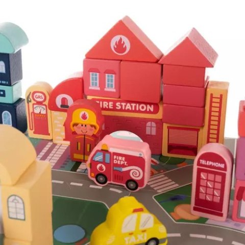 ZESTAW DREWNIANYCH KLOCKÓW MIASTECZKO Z MATĄ PUZZLE W WIADERKU + TORBA ZESTAW DREWNIANYCH KLOCKÓW MIASTECZKO Z MATĄ PUZZLE W WIADERKU + TORBA