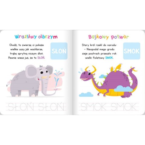 Maluszek pisze wyrazy. Odgadnij zagadki i przyklej naklejki