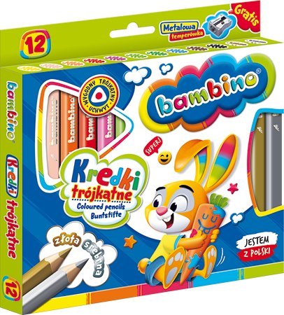 Kredki BAMBINO trójkątne w oprawie drewnianej 12 kolorów + temperówka ZWIERZAKI UCZNIAKI Kredki BAMBINO trójkątne w oprawie drewnianej 12 kolorów + temperówka ZWIERZAKI UCZNIAKI