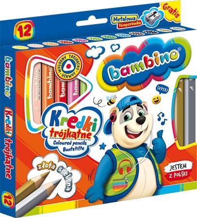 Kredki BAMBINO trójkątne w oprawie drewnianej 12 kolorów + temperówka ZWIERZAKI UCZNIAKI Kredki BAMBINO trójkątne w oprawie drewnianej 12 kolorów + temperówka ZWIERZAKI UCZNIAKI
