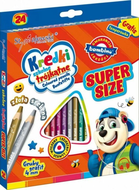 Kredki szkolne trójkątne SUPER SIZE 24 kolory + temperówka ZWIERZAKI UCZNIAKI Kredki szkolne trójkątne SUPER SIZE 24 kolory + temperówka ZWIERZAKI UCZNIAKI
